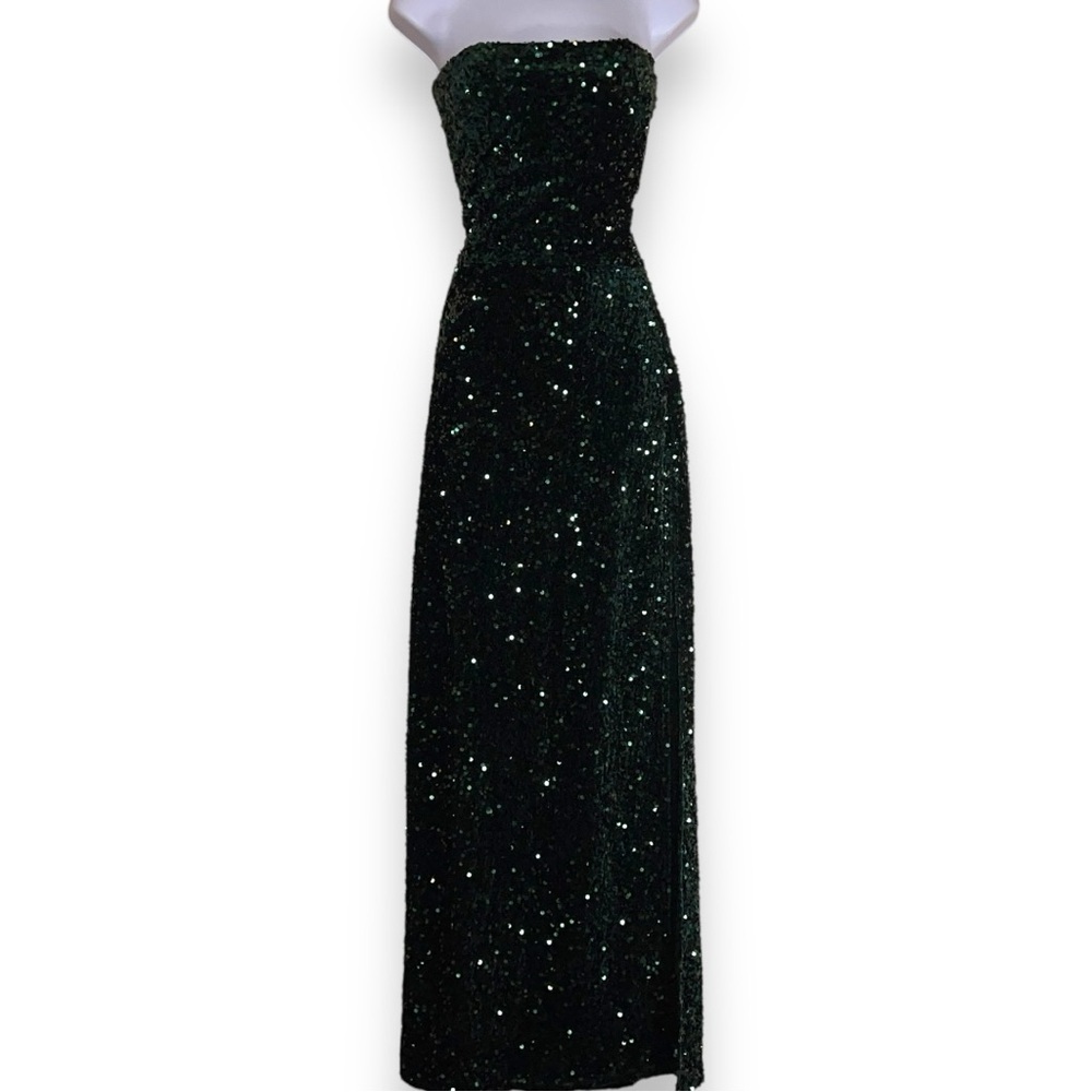 Large Juniors Green Sequin Formal Dress Stretch Evening Prom Strapless